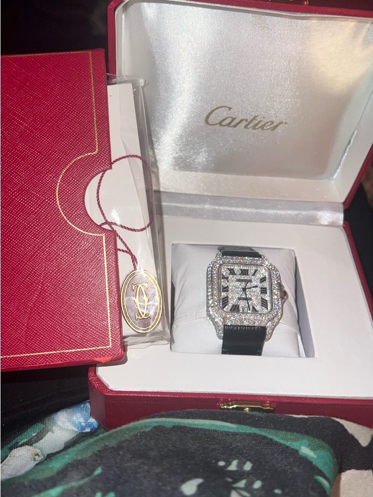 Cartier Silver Diamond Square Dial Watch With Black Strap